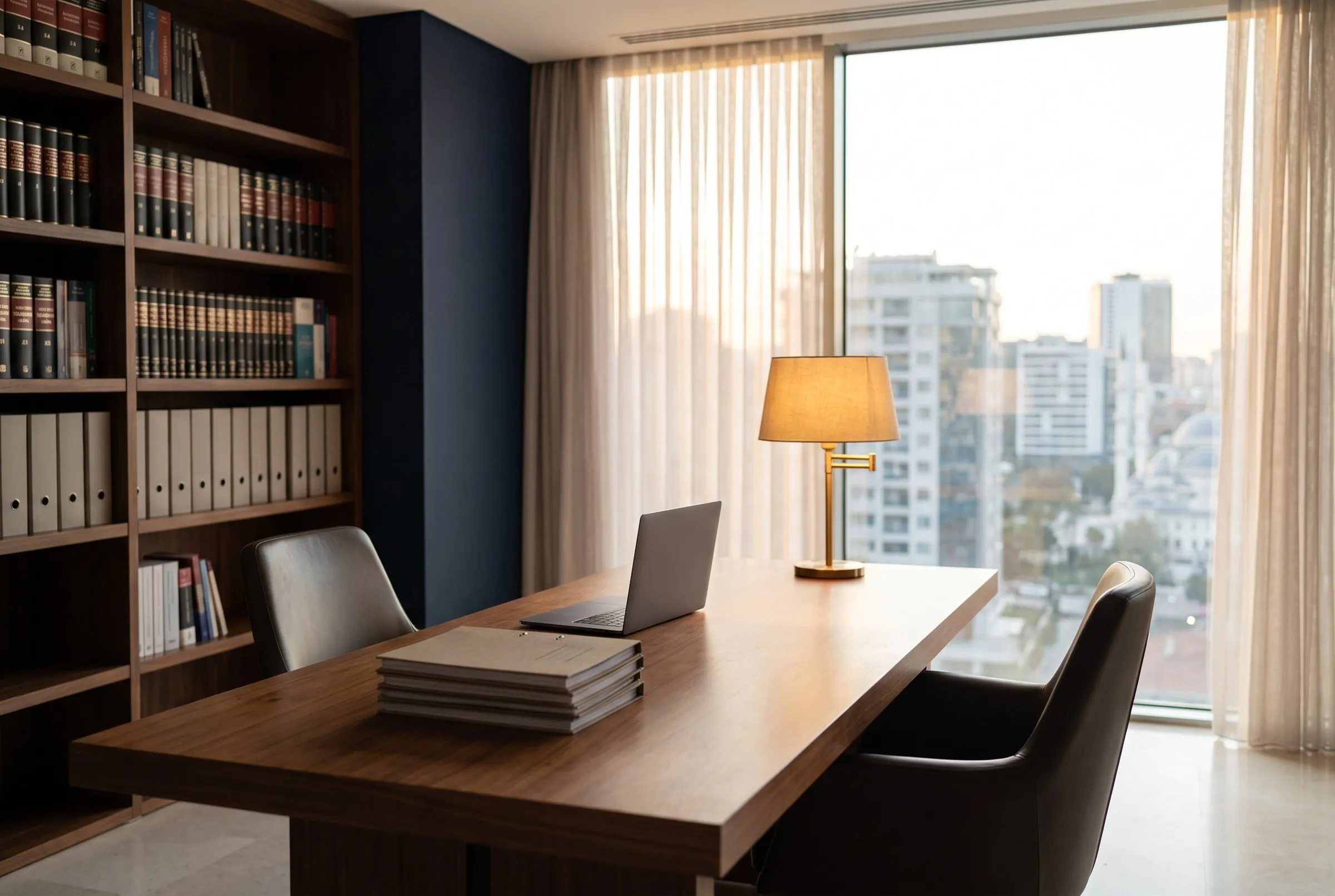 A contemporary law office with bookshelves and daylight